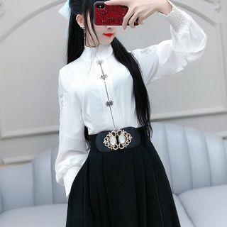 Long-sleeve Embroidered Frog-buttoned Blouse