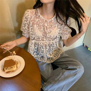 See-through Lace Short-sleeve Top White - One Size