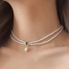 Faux Pearl Faux Crystal Pendant Layered Choker Green - One Size