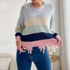 V-neck Color-block Ribbed Sweater
