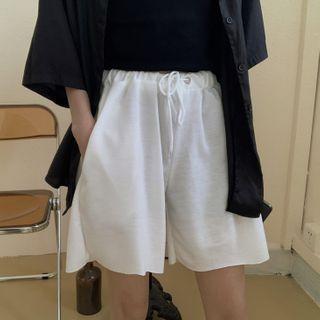 Plain Drawstring-waist Wide-leg Shorts