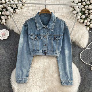 Button Denim Crop Jacket Blue - One Size