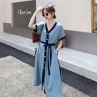 Short-sleeve V-neck Contrast Trim Maxi A-line Dress