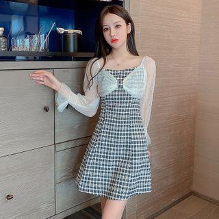 Puff-sleeve Mesh Panel Plaid A-line Dress