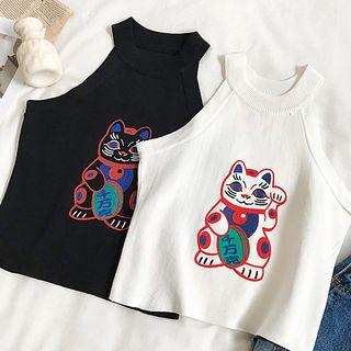 Maneki Neko Printing Sleeveless Knit Top