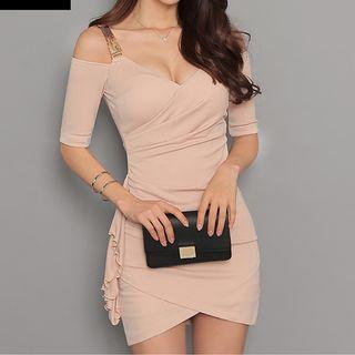 Cutout Shoulder Shirred Sheath Dress