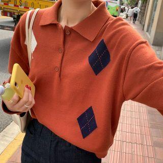 Long-sleeve Argyle Knit Polo-shirt