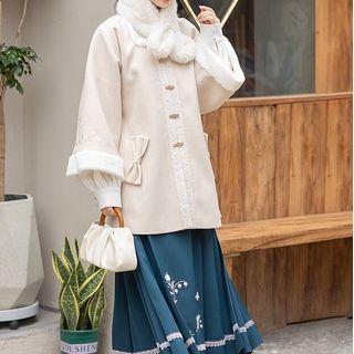 Square-neck Jacket / Suspender Midi A-line Skirt / Fluffy Scarf / Belt / Set