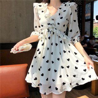 Heart Print V-neck Midi Dress