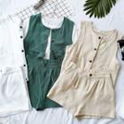 Set: Plain Linen Vest + Loose-fit Shorts