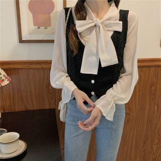 Plain Knit Tank Top / Long-sleeve Tie-neck Plain Blouse