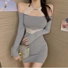 Long-sleeve Lace Trim Cold-shoulder Knit Mini Dress
