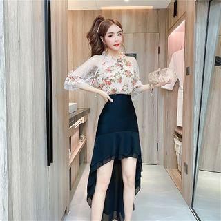 Elbow-sleeve Floral Print Mesh Blouse / High-waist Fishtail Skirt