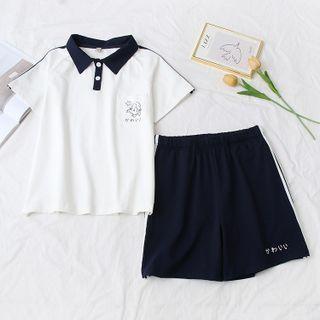 Set: Short-sleeve Cartoon Print Polo Shirt + Shorts