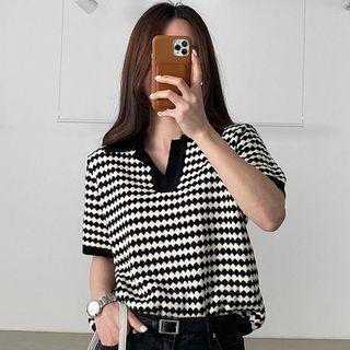 Short-sleeve Polo-neck Argyle Knit Top