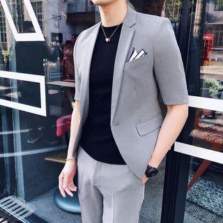 Set: Short-sleeve Single-button Blazer + Cropped Dress Pants