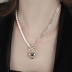 Faux Pearl Heart Pendant Necklace Xl1203 - Silver - One Size
