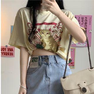 Crew-neck Printed Oversize Tee / Hight Waist Plain Split A-line Skirt