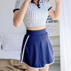 Set: Short-sleeve Striped Tankini Top + Contrast Trim Swim Skirt + Swim Shorts