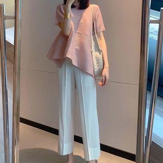 Set: Short-sleeve Asymmetrical Blouse + Straight Leg Cropped Pants