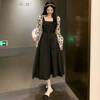 Square-neck Dotted Panel Midi A-line Dress Black - One Size