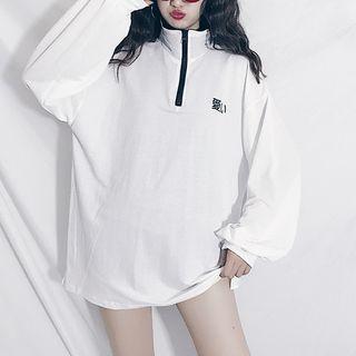 Embroidered Half Zip Long-sleeve T-shirt As Shown In Figure - One Size