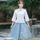 Flower Embroidered 3/4-sleeve Hanfu Top / A-line Skirt