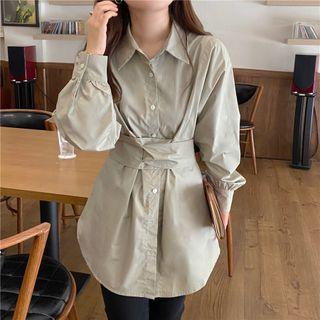 Plain Tie-waist Shirt Army Green - One Size