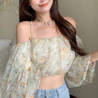 Puff-sleeve Floral Print Blouse Floral - Light Green - One Size