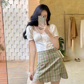 Set : Retro Short-sleeved Top + High Waist Plaid Skirt