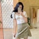 Set : Retro Short-sleeved Top + High Waist Plaid Skirt