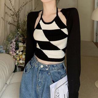Set: Halter Check Knit Camisole Top + Cardigan Set Of 2 - Camisole Top & Cardigan - Black - One Size