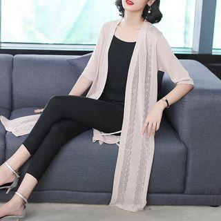Short-sleeve Pointelle Knit Long Cardigan