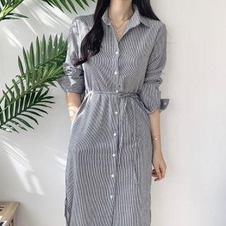 Long Sleeve Pinstripe Slit Shirtdress