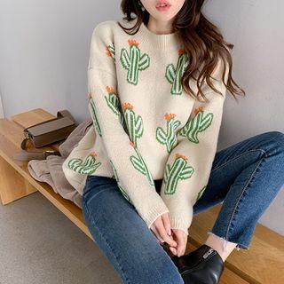 Cactus-patterned Loose-fit Sweater Beige - One Size