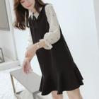 Puff-sleeve Dotted Panel A-line Dress