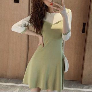 Mock Two-piece 3/4-sleeve A-line Mini Dress Avocado Green - One Size