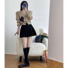Heart-accent Puff-sleeve Cardigan / High-waist Pleated Mini Skirt