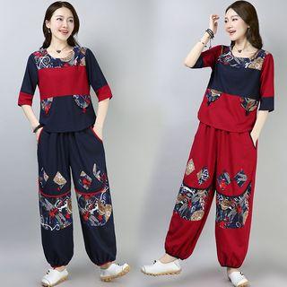 Set: Color Block Elbow-sleeve Top + Pants