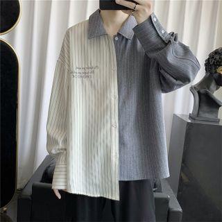 Lettering Embroidered Two-tone Striped Shirt