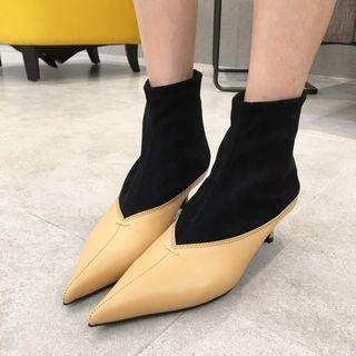 Paneled Kitten-heel Pointy-toe Short Boots