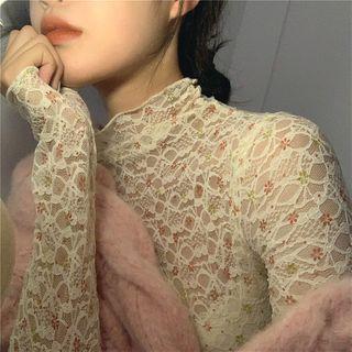 Lace Floral Print Long-sleeve Slim-fit Top Almond - One Size