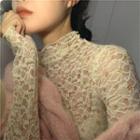 Lace Floral Print Long-sleeve Slim-fit Top Almond - One Size