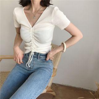 Drawstring Cropped Short-sleeve Knit Top