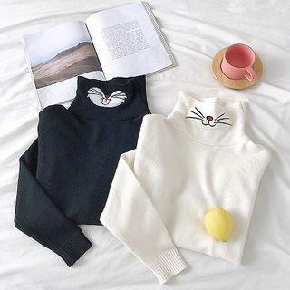 Kitty Embroidered Mock-neck Long-sleeve Sweater