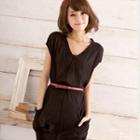 V-neck Short-sleeve Knit Dress Black - One Size