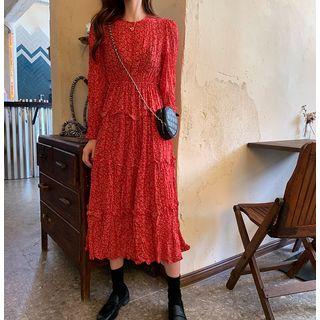 Floral Long-sleeve Dress / Cable Knit Cardigan