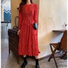 Floral Long-sleeve Dress / Cable Knit Cardigan