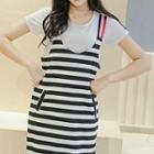 Set: Strappy Striped Dress + Short-sleeve Plain T-shirt