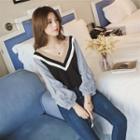 Puff-sleeve Striped Panel V-neck Top